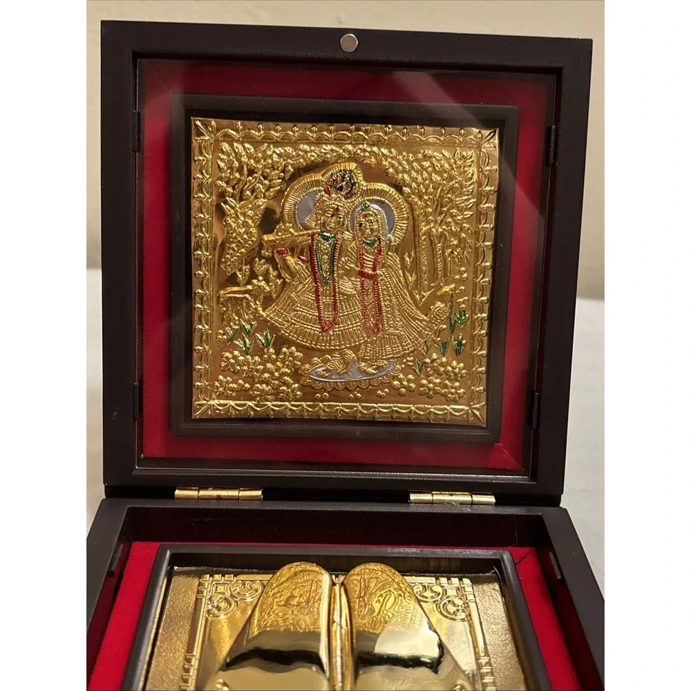 Gold Plated Radhe Shyam God Prayer Box Charan Paduka Religious Decor